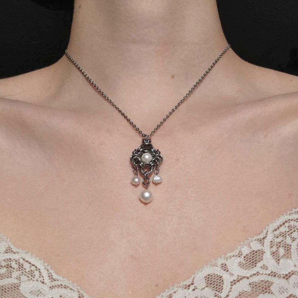 Victorian Gothic silver and pearl necklace with a small silver chain